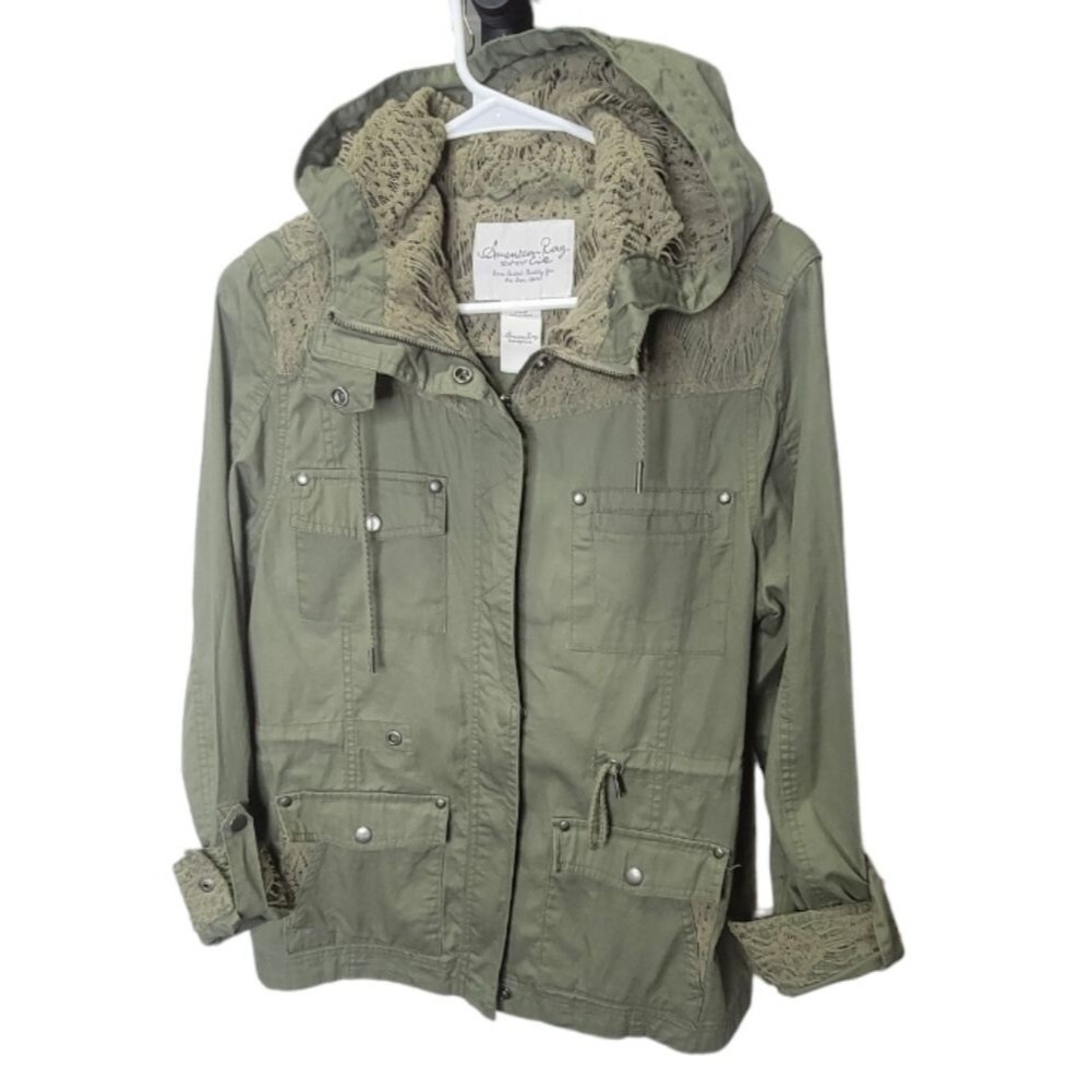 American Rag army green hooded jacket lace size L cotton lightweight *